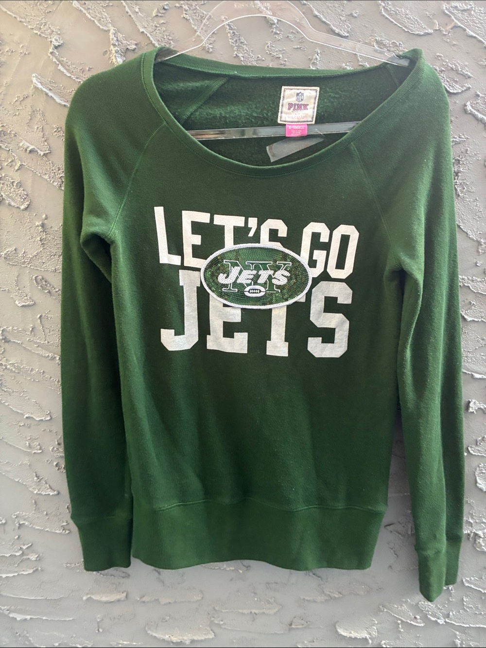 Retro VTG Womens Bling Lets Go Jets Crew Neck Sweatshirt Green Love Pink NFl XS